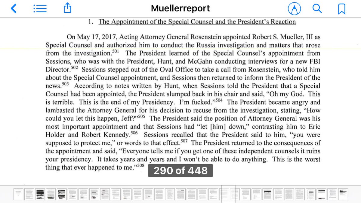 68. And lo, behold, pg 290: upon learning Robert S. Mueller III appointed Special Counsel, we discover the words that will live on in infamy: “Oh my God. This is terrible. This is the end of my presidency*. I’m f*cked.”Perspective: And so it came to pass, he was indeed f*cked.