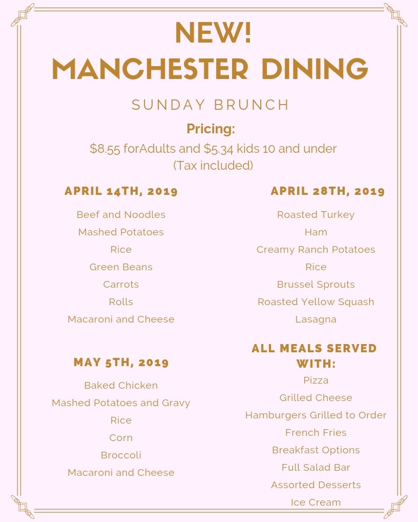 Do your Sunday plans include attending the Manchester Dining Sunday Brunch? If not it should! See the image below for more information! Hope to see you there!