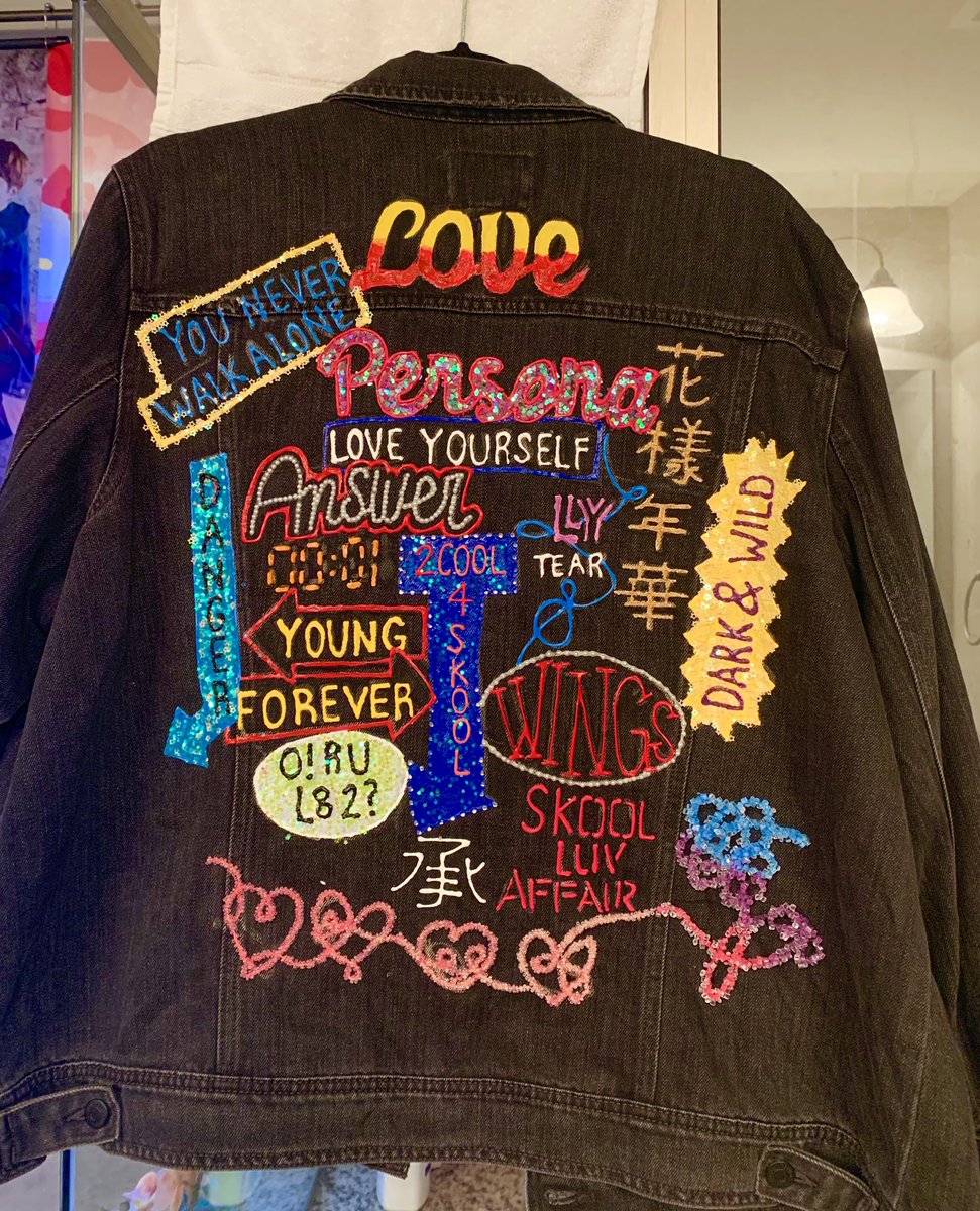 grubbyBangtan's tweet photo. Tradition of DIYing tour outfits inspired by the title track continues! Here’s the before/after of my persona jacket! 

 ROSEBOWL YOU AINT READY FOR ME SIS!! 

#BTSSPEAKYOURSELFTOUR #BTSxRoseBowl #btsarmy #MAP_OF_THE__SOUL_PERSONA #namtiddies #bt21 @BTS_twt https://t.co/3FFPQ8L4gj