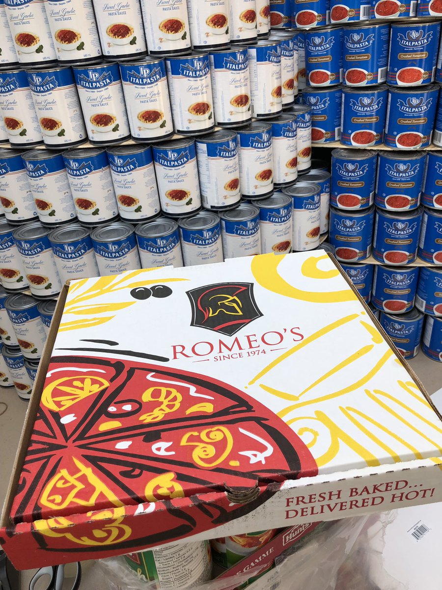 A big thank you to <a href="/RomeosVictoria/">Romeo's</a> Hillside for providing our teams &amp; volunteers with lunch 🍕 Our builders are fed &amp; happy! The action continues...come check it out! 
#yyj #yyjcanstruction #viccan #canstruction2019 #romeoshillside