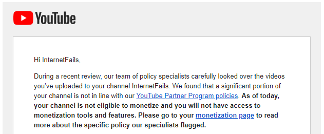 FailsInternet's tweet photo. HUGE UPDATE/ANNOUMCENT!

To comply with the YouTube Partner Program I will be taking down all my existing videos very soon.

 A huge thank you to everyone who's ever watched, liked, commented or submitted clips for the videos this would have been impossible without you. 1/2 https://t.co/Uq3z4I74pS