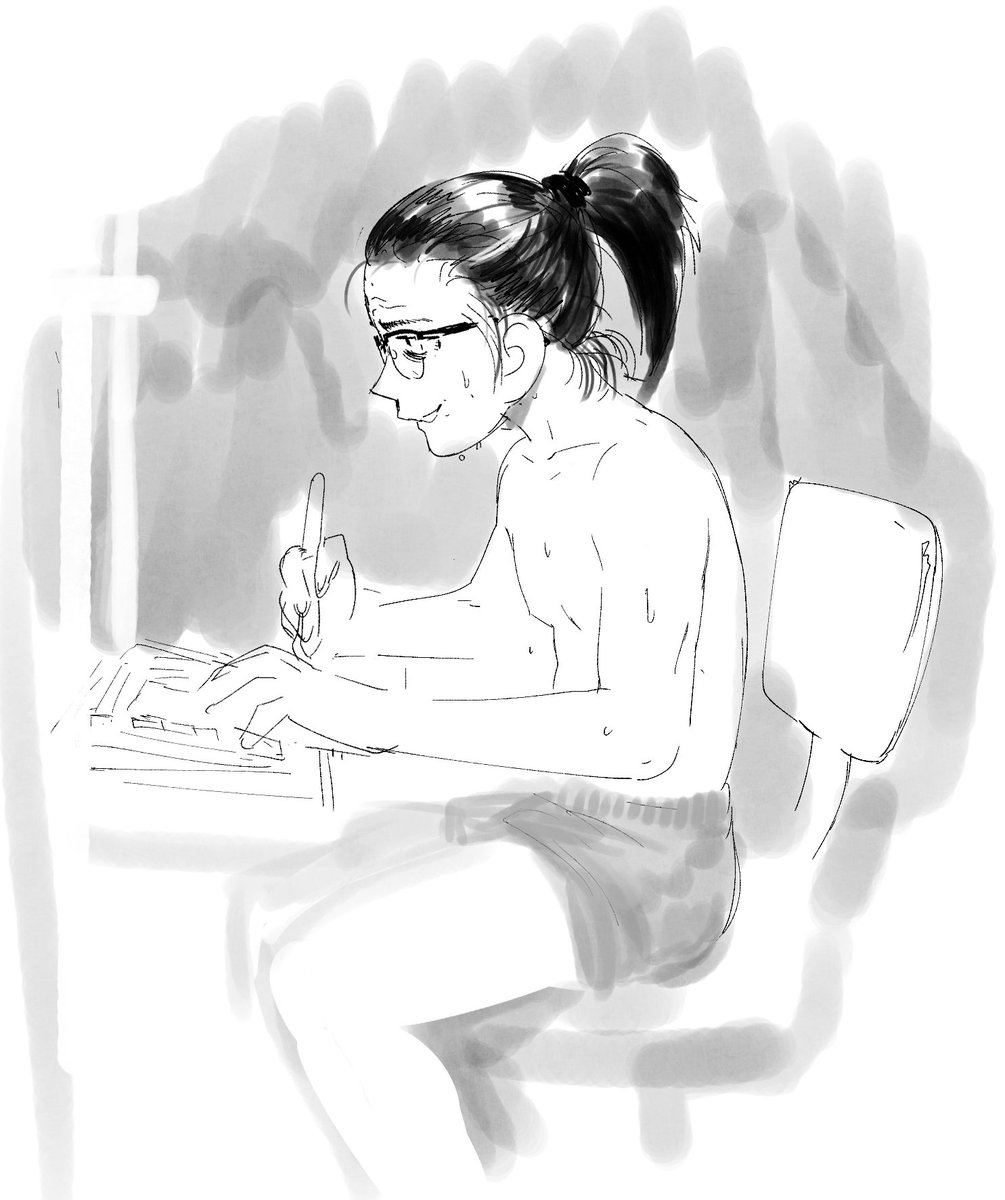 hi since I haven't drawn anything for myself this past month aside from don's birthday gift this is what I look like working. it's 33 C at night and even during the day. so I only wear my boxers. 