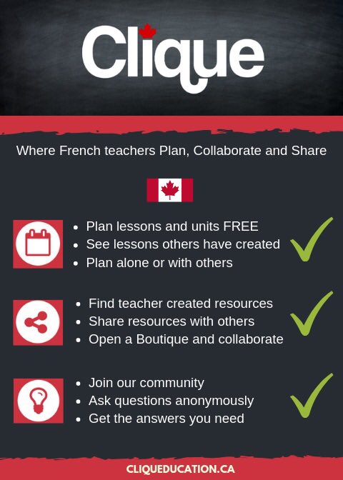 Clique is proud to support French teachers by way of our free tools and marketplace. Join our rapidly growing community to collaborate, plan &amp; share. Your Clique of French teachers is waiting! #fsl #fslchat #frimm #aimlang #frenchimmersion #langchat cliqueducation.ca