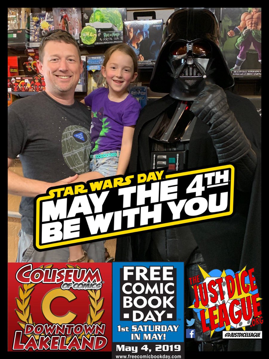 justdiceleague's tweet photo. Great time stopping by @ColiseumofComic Lakeland for #StarWarsDay and #FreeComicBookDay!! Lil’ Cupcake was even sporting a shirt by @HerUniverse (her idea)!

#MayTheFourth #GameWell #VaderWasFramed https://t.co/vkRH3izDHj
