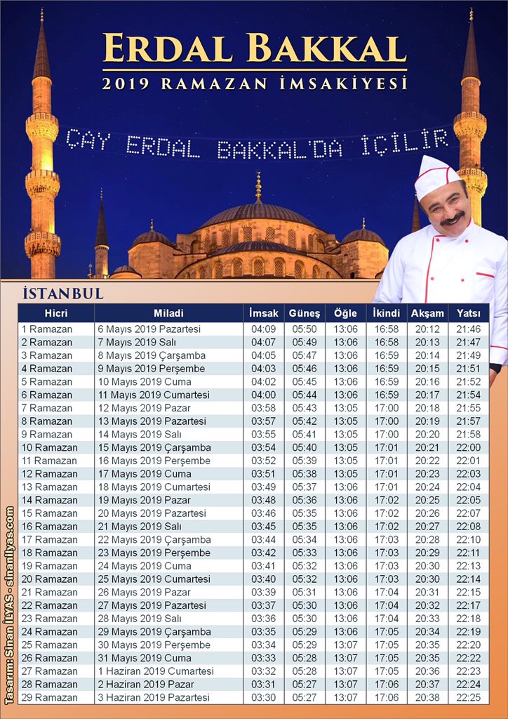 Her yıl olduğu gibi bıkmadan usanmadan 81 ilin, Avrupa ülkelerinin ve bazı Amerikan eyalatlerinin #erdalbakkal imsakiyelerini hazırlayan kardeşim  <a href="/sinanilyas/">Sinan İlyas</a> ‘a sonsuz teşekkürler. Hayırlı ramazanlar. sinanilyas.com/makale/63/2019…