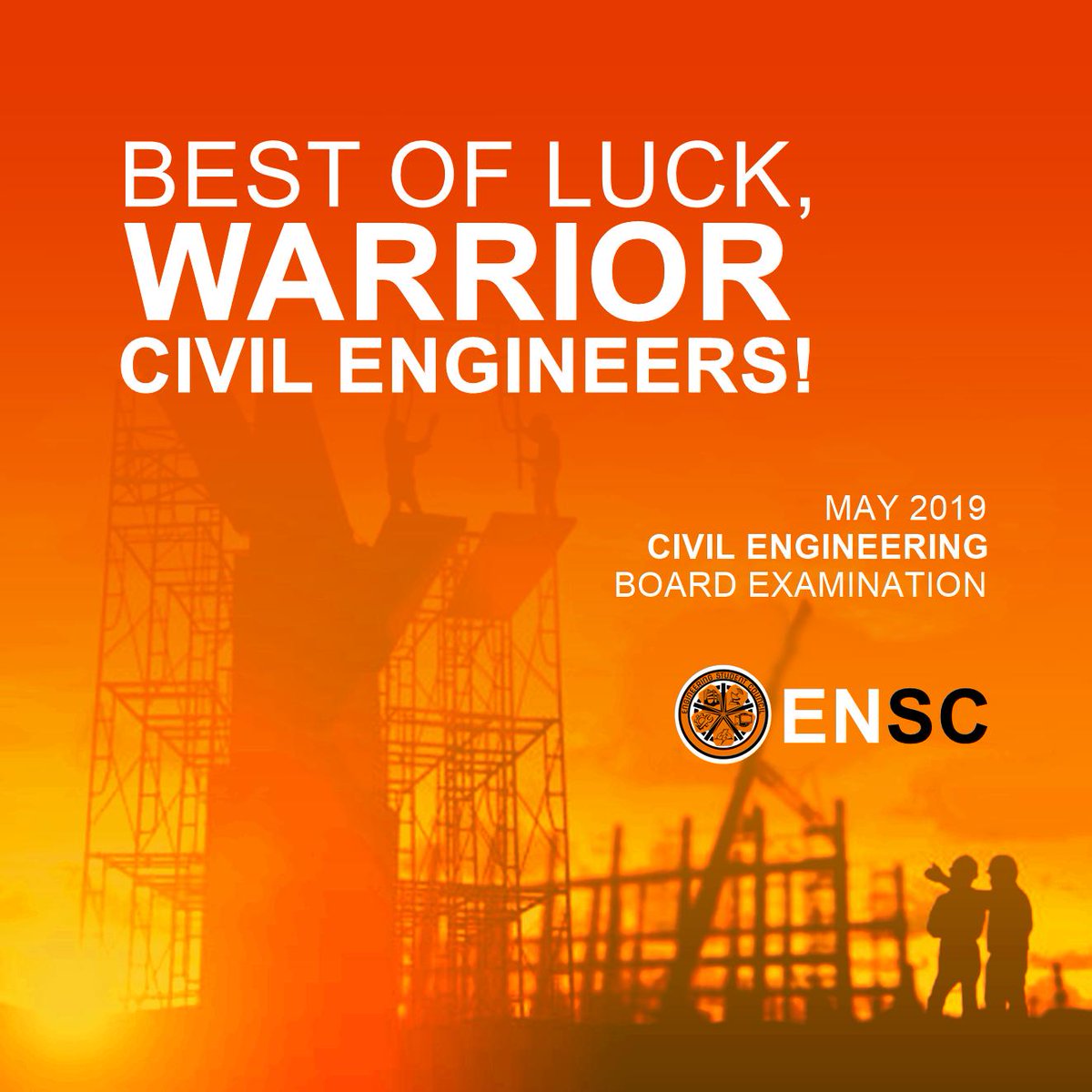 UEMLAENSC's tweet photo. The Engineering Student Council would like to send our deepest good luck to all May 2019 Civil Engineering Board Exam takers. May you be guided as you take your exam.
Do it for yourself, for your family, and for the country. Best of luck, engineers! #AllForEngineering https://t.co/lJVIyl7Pz6