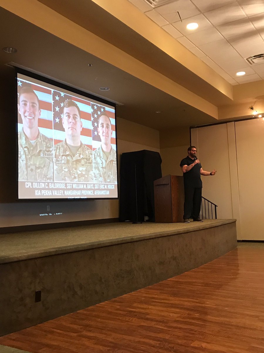 RunButler's tweet image. Our race director speaking, stutter and all, to an awesome group of business leaders in Twin Falls, ID. Honored to share the stories of CPL Baldridge, SGT Bays, and SGT Houck. KIA 06/12/17 Pekha Valley, Afghanistan. @v42fitness #aaronbutler #rakkasan #rakkasans #101stairborne