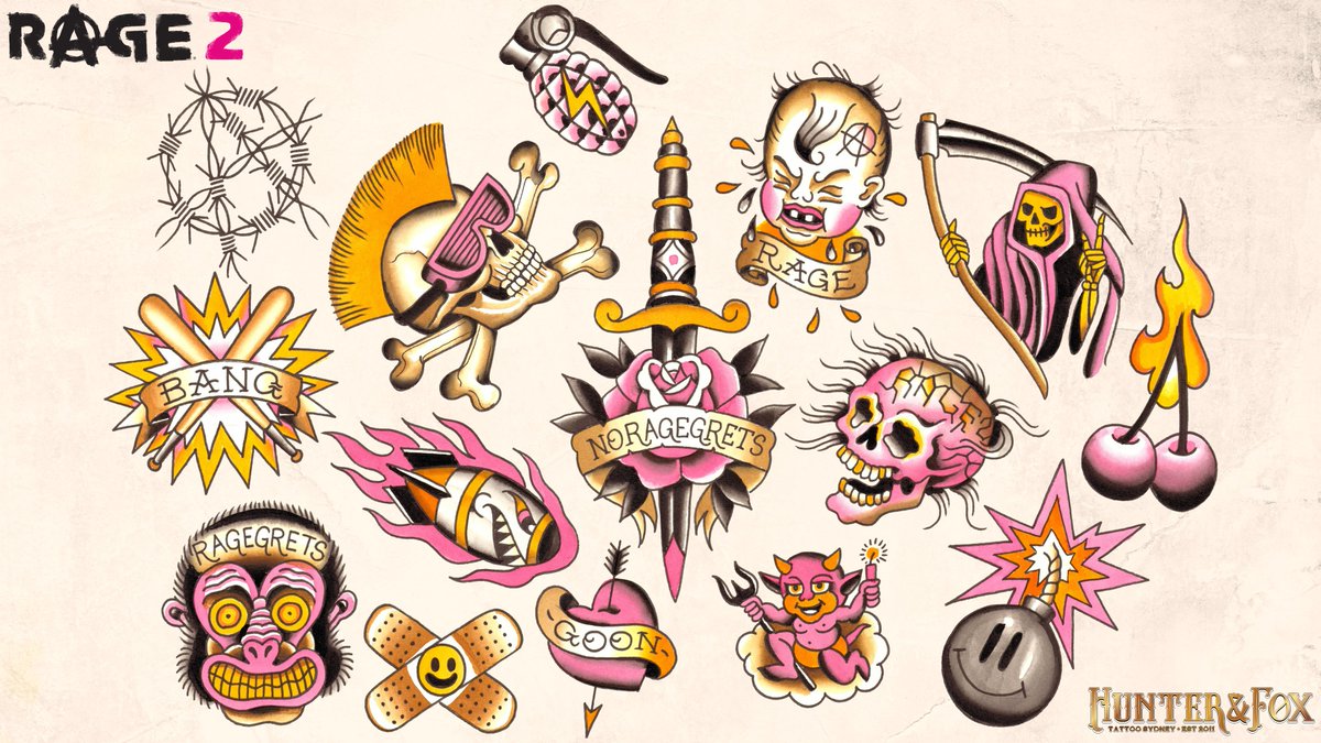 Bethesda ANZ & SE Asia (@bethesda_anz) on Twitter photo For #noRAGEgrets, we worked with renowned studio Hunter & Fox, <a href="/laurenwinzer/">lauren winzer</a> & Heath Nock to create these awesome #RAGE2 tattoo designs.
Which one would you get? 🤔
Remember, if you're in Sydney this Saturday, you can get one of these tattoos for free! facebook.com/events/1358953… For #noRAGEgrets, we worked with renowned studio Hunter & Fox, <a href="/laurenwinzer/">lauren winzer</a> & Heath Nock to create these awesome #RAGE2 tattoo designs.
Which one would you get? 🤔
Remember, if you're in Sydney this Saturday, you can get one of these tattoos for free! facebook.com/events/1358953…