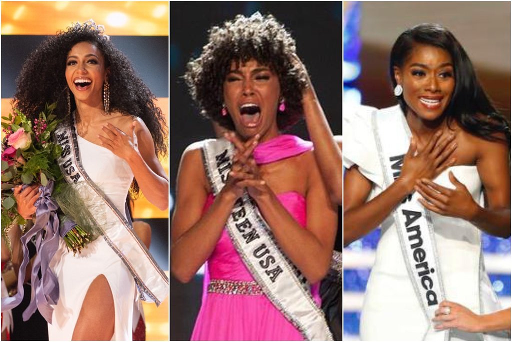 TVInColour's tweet photo. 👑💕🇺🇸 For the first time in history the top beauty pageants in the country are three Black women; all wearing crowns as the 2019 Miss USA, Miss Teen USA and Miss America #TVInColour #PageantHistory #MissUSA #MissTeenUSA #MissAmerica 🇺🇸💕👑 https://t.co/wQ8jzi0oGn