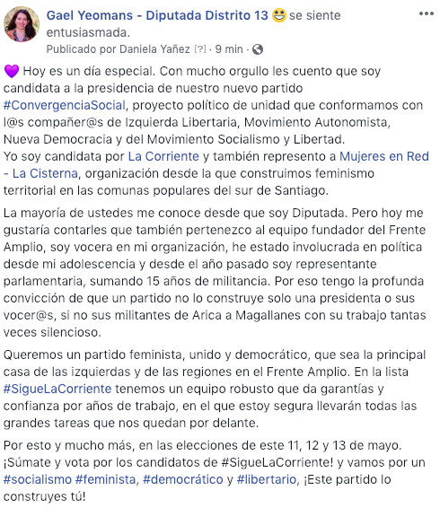 Con orgullo les cuento que voy como candidata de #SigueLaCorriente a la presidencia de nuestro nuevo partido #ConvergenciaSocial ✊💜, porque tenemos la convicción en una izquierda #Socialista #Feminista #Libertaria. ¡Súmate a @lacorriente_cl este 11, 12 y 13 de mayo!