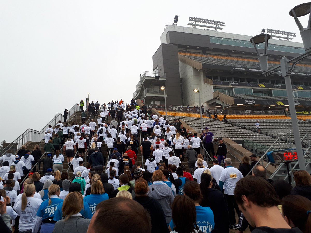 MsYarwood's tweet photo. Perfect day for the @hamc4c. I didn't realize they also do a community Climb 4 Cancer @TimHortonsField the day before with schools in @HWDSB. Definitely want to get my school out there in 2020 for such a great cause! @PrincipalMoore #StepInFront https://t.co/IreMFExD9s