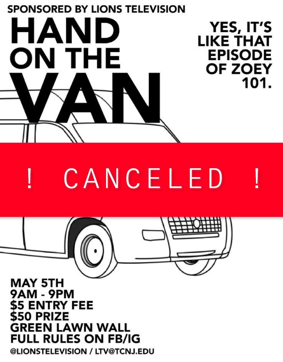 Due to inclement weather, tomorrow’s Hand On The Van event is CANCELED! Keep an eye on our social media for some of our other fun, upcoming events! ☔️ #TCNJ #LTV