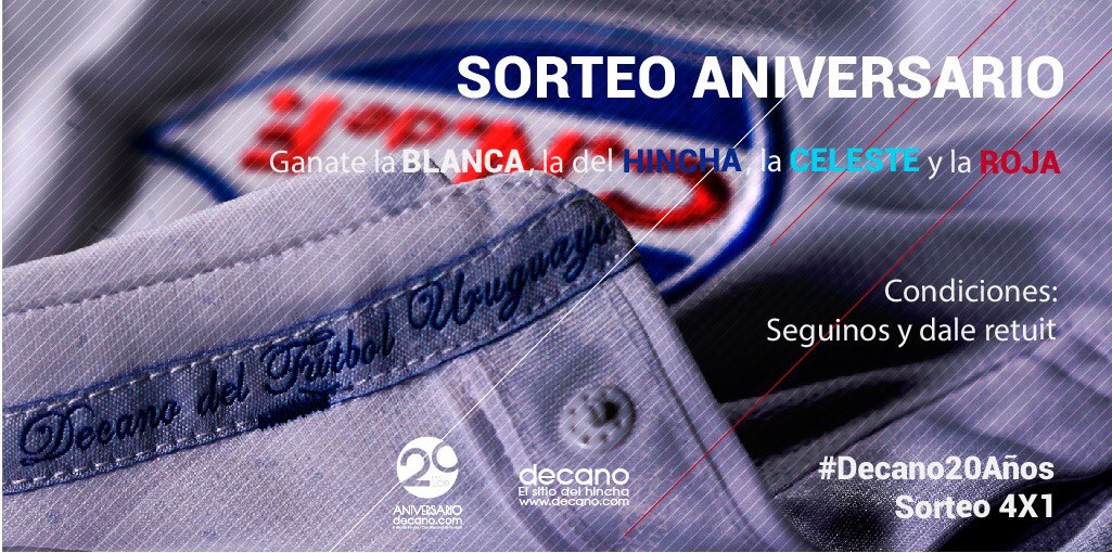 ¡GANATE LAS 4 CAMISETAS OFICIALES 2019! La blanca y la roja que ya salieron; la azul del hincha y la celeste que saldrán en poco tiempo. Seguinos, dale rt a este posteo y a esperar. #Decano20Años
