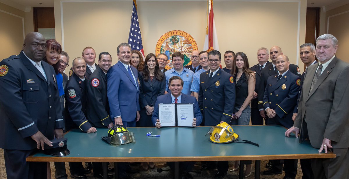 We want to express our sincerest thanks to <a href="/GovRonDeSantis/">Ron DeSantis</a> <a href="/JimmyPatronis/">Jimmy Patronis</a> &amp; the Firefighter Cancer Support Network for all their hard work and support in passing this tremendous Cancer Benefits bill, a landmark victory for firefighters across our Great State! - Photo Credit: GPO