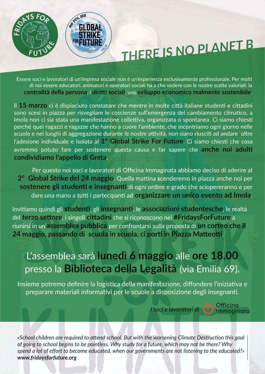 Off_Immaginata's tweet photo. Venerdì 24 maggio: 2° Sciopero Globale per il Futuro! 🌍🎳
La prima volta #Imola non c'era!
Stavolta proviamoci!
Lunedì alle 18 tutti invitati in Biblioteca della Legalità (v.Emilia 67)
@GretaThunberg @fffitalia https://t.co/7vFhjxk7UI