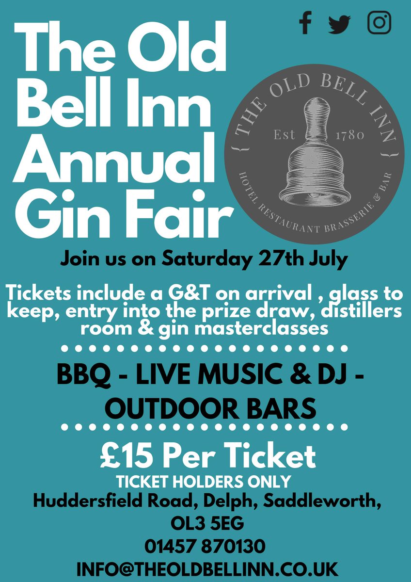 TICKETS ON SALE NOW

Our Annual Gin Fair Event was a sell out last year guys so don't miss out‼️
Open from 12pm Saturday 27th July tickets are £15 per person, this event is for ticket holders only so don't miss out on a Gin filled day‼️ 
Call on 01457 870130 for tickets 📞