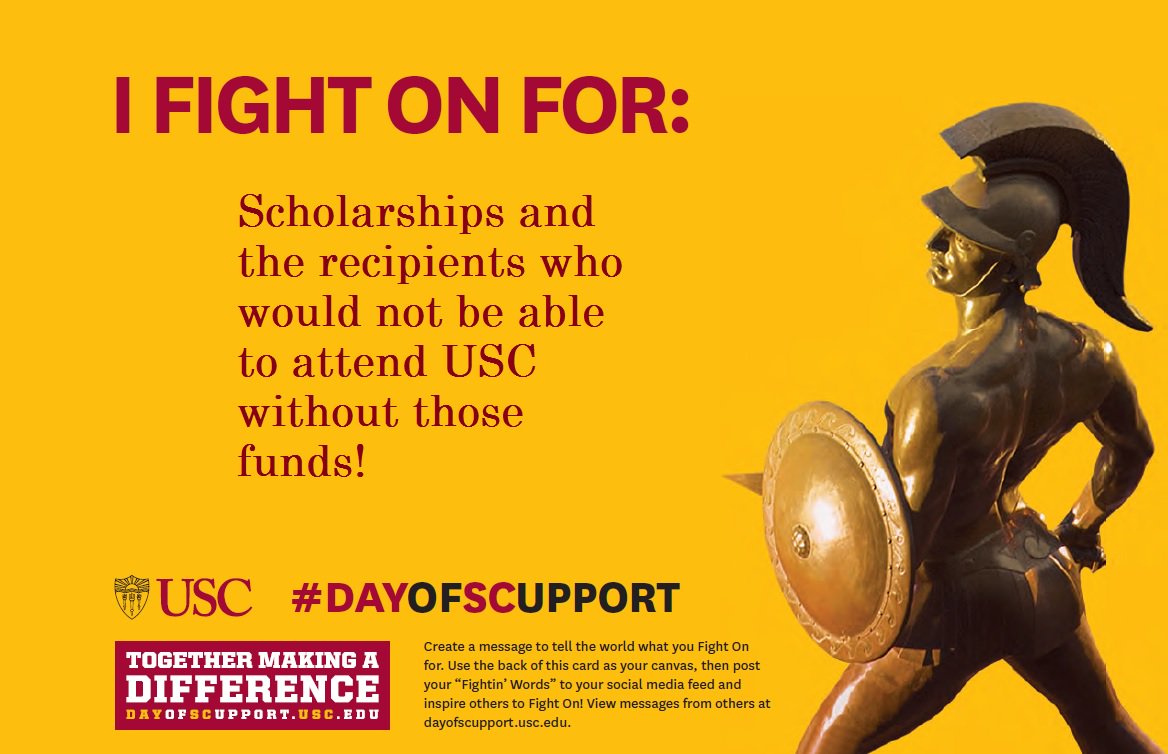 USCMarshallAlum's tweet photo. Join fellow Trojans and Marshall Alumni as they #fighton for the USC Marshall Alumni Endowed Scholarship Fund and more! Gifts can be made here https://t.co/0fqKWxuAw6 or by texting MAA to 71777. #DayofSCupport #greatnessshared #uscmarshallalumni https://t.co/kiGn3LhOSa