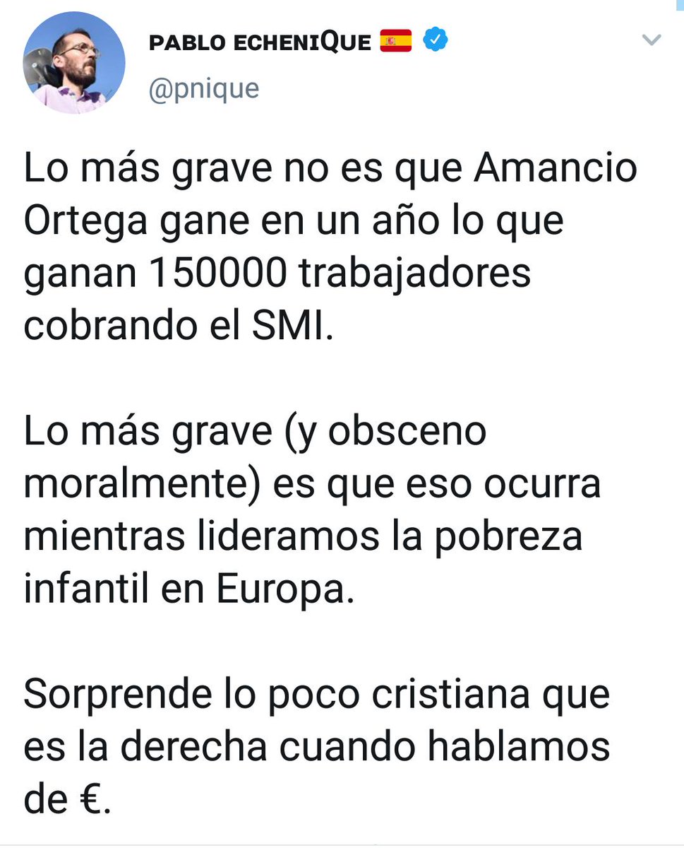 Comparemos:
Amancio Ortega: 150.000 trabajadores fijos dados de alta en la SS.
Pablo Echenique: 1 empleada de hogar sin dar de alta en la SS.
         🤦🤦🤦🤦🤦🤦🤦