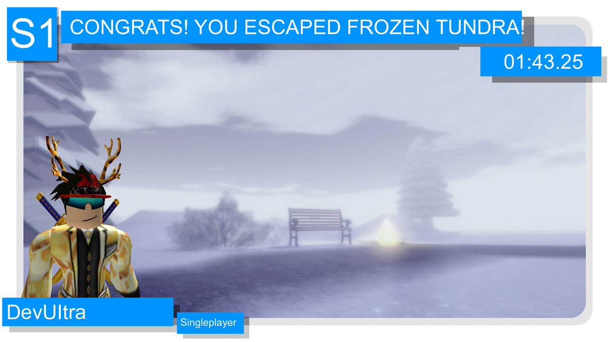EscapistsBot's tweet image. Congratulations to @DevUltraRBX for escaping Frozen Tundra! They escaped by themselves in 01:43.25!
#RobloxEscapeRoom