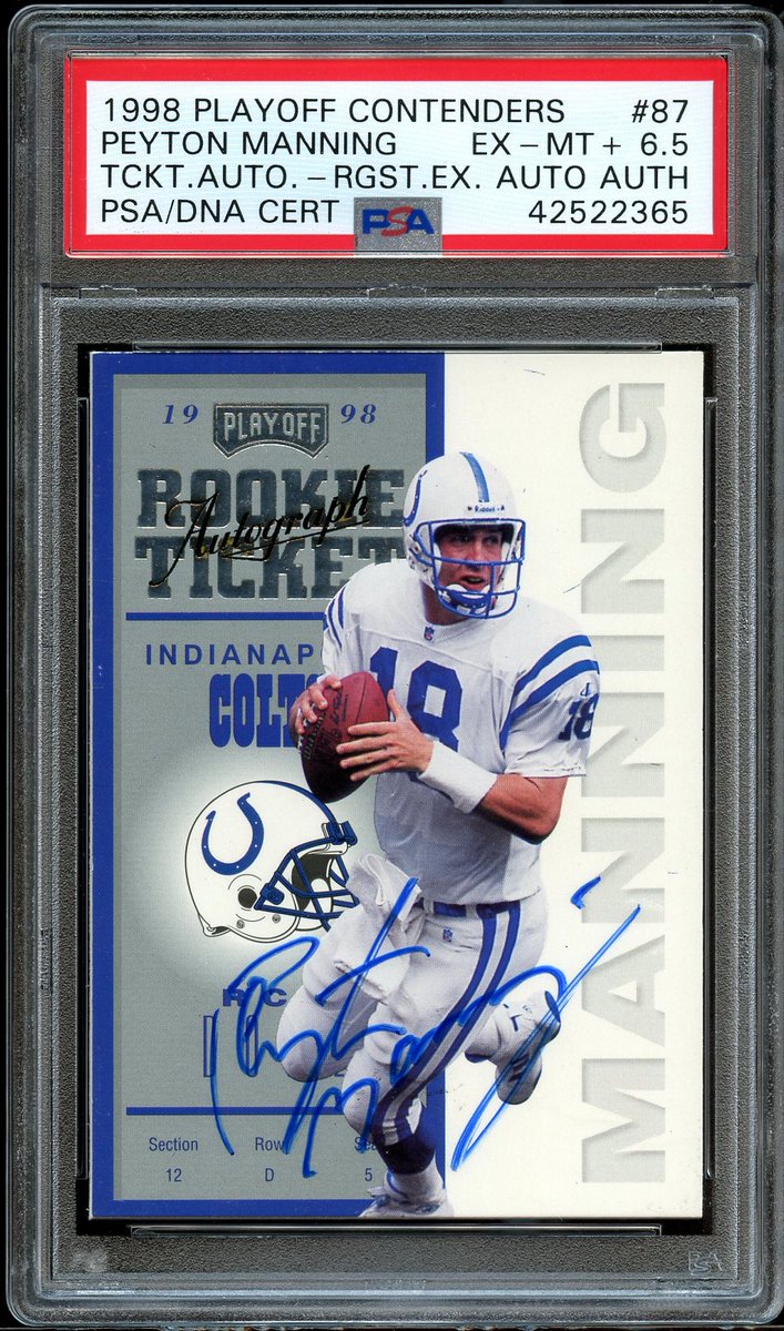 SmallTraditions's tweet photo. #Auctions End Tonight. #MayTheFourthBeWithYou . WHO KNEW IT EXISTED? 1998 #Playoffs Contenders #Rookie Ticket #Autograph Peyton #Manning REGISTERED EXCHANGE Serial Numbered "No.1" -- the only example ever graded by #PSA! #collect #thehobby  https://t.co/5JiXof6JXu https://t.co/Vg1Wkq3bD1