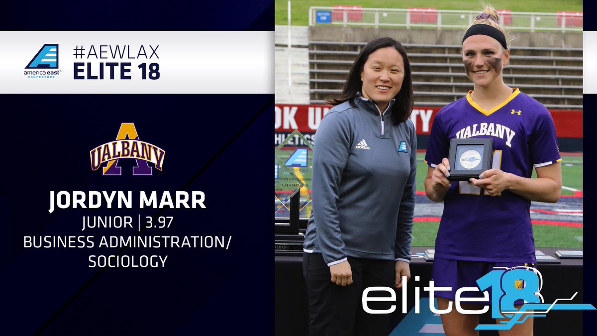 Congratulations to <a href="/UAlbanyWLax/">UAlbany Women's Lacrosse</a>’s Jordyn Marr on earning the 2019 #AEWLAX Elite 18 Award with a 3.97 GPA in business administration/sociology! #3Pillars