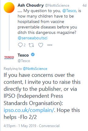 NottsScience's tweet photo. @clareprecey I asked @Tesco how many kids had to be hospitalised before they would take WDDTY (which encourages anti-vaccine attitudes and says medicine "isn't a science") off the shelves. They didn't seem bothered.  Are they right or are they being  irresponsible? https://t.co/vbEhyThkC1