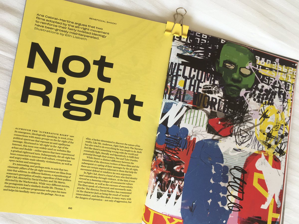 A peek: my piece for the War&amp;Peace issue of <a href="/beneficialmag/">Beneficial Shock!</a> on “The Matrix” and “Fight Club” and how these films were misinterpreted by the alt-right movement. 📽