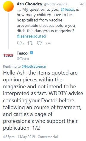 NottsScience's tweet photo. @CaulfieldTim. I asked @Tesco how many kids had to be hospitalised before they would take WDDTY (which encourages anti-vaccine attitudes and says medicine "isn't a science") off the shelves. They didn't seem bothered. Are they right or are they being irresponsible? https://t.co/BuglZqo1CX