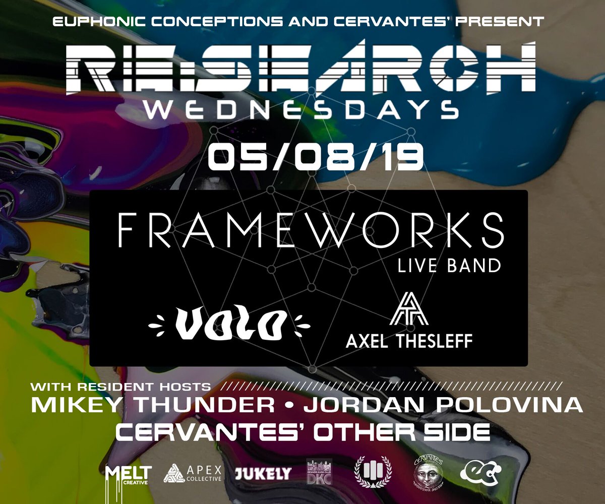 CervantesDenver's tweet photo. #FrameworksUK is bringing his Live Band to #ReSearchWednesdays!
Catch their show with @volovibes, @AxelThesleff (Late Set), @mikeythunder101 and @JordanPolovina on Wednesday, May 8th.
Tickets: https://t.co/ACqzB0Z0gY
Presented by @ECpresents
Supported by @303MHSM & @PartyGuruUS https://t.co/41wPChYID0