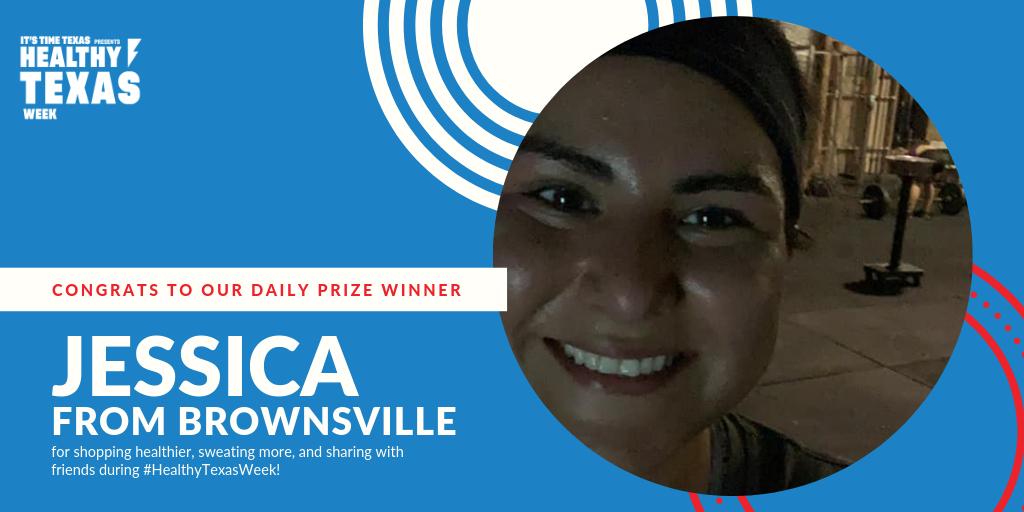 HealthierTX's tweet image. Congrats to our day 4 #HealthyTexasWeek winner, Jessica! She shared a picture on Facebook and won a healthy prize pack with healthy snacks and workout gear! You can win too, just share a photo using #HealthyTexasWeek on Twitter!