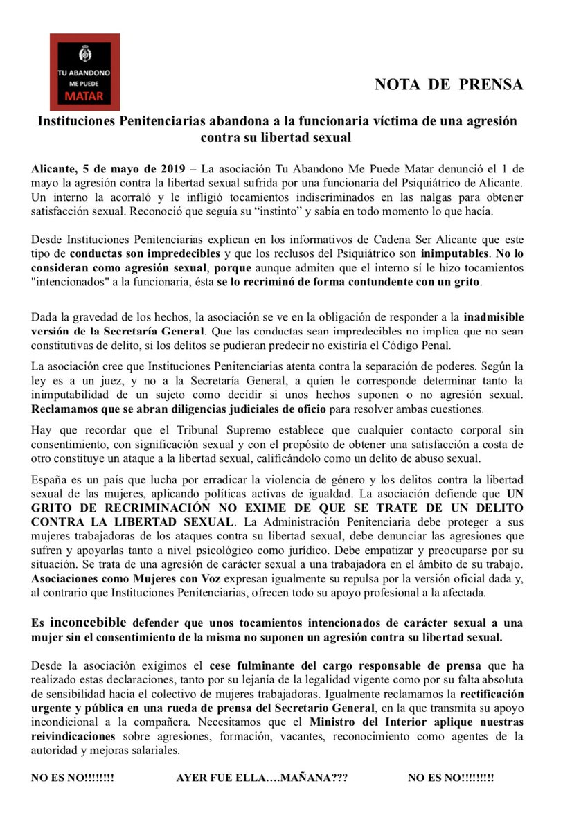 tu_abandono's tweet photo. NO es NO!! Excepto para las funcionarias de IIPP. Después de lo ocurrido, @interiorgob sigue manteniendo que no hay agresión sexual porque aunque el interno realizó “tocamientos intencionados”, fue un “incidente imprevisible”. Esperamos una rectificación por parte de la SGIP. https://t.co/dHIsStipTN