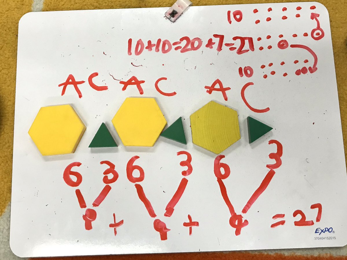 Tall_Teacher1's tweet image. How can a pattern be an addition problem? “You can add the edges Mrs. B” “ But... that can change if you put the edges together because you lose the sides” Could we use patterns to practice subtraction?  @SilverSpryycbe #CBEMath