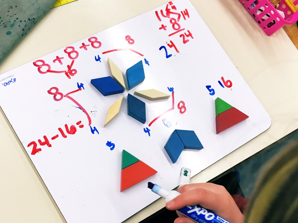 Tall_Teacher1's tweet image. How can a pattern be an addition problem? “You can add the edges Mrs. B” “ But... that can change if you put the edges together because you lose the sides” Could we use patterns to practice subtraction?  @SilverSpryycbe #CBEMath