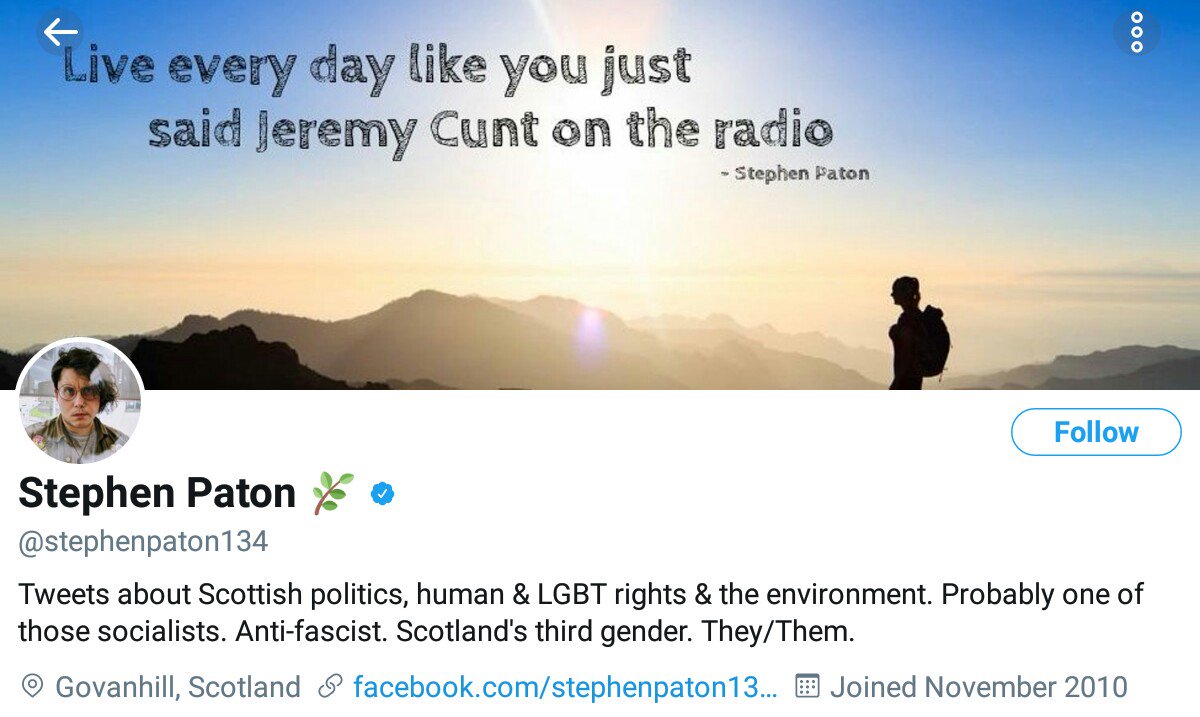 116. Twitter only suspends females who use the C-word, not males. Stephen Paton has it IN HIS PROFILE BANNER, which has been repeatedly reported to Twitter, and they have done nothing. #TwitterHatesWomen