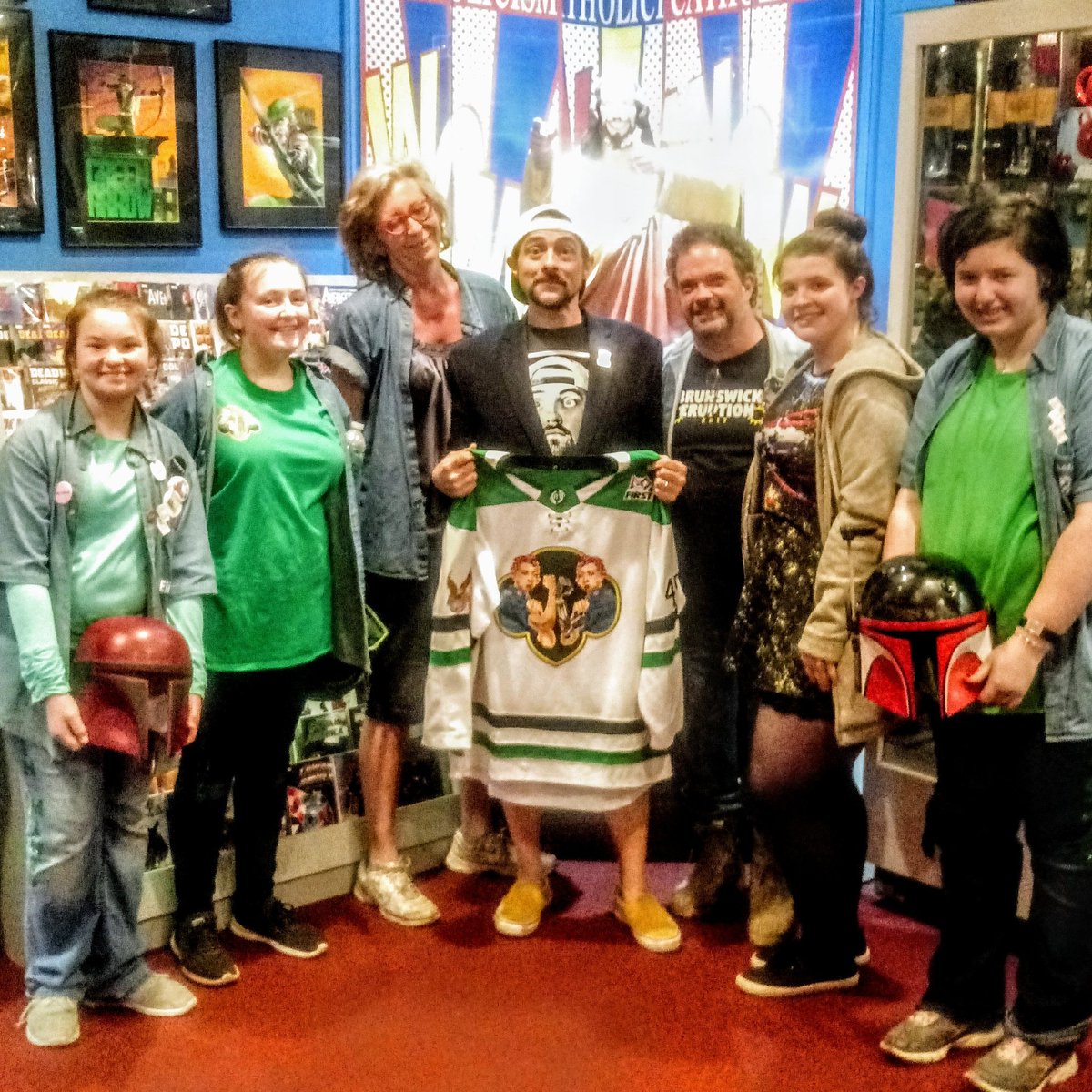 We had an amazing day meeting the one and only Kevin Smith! We gave him with a custom Tin Mints jersey and a Mando helmet designed just for him in his colors. Great talk about our robotics program and how his work to empower women has inspired programs like ours. <a href="/ThatKevinSmith/">KevinSmith</a>
