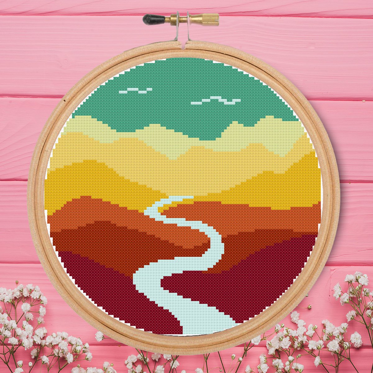Mini Desert Landscape Cross Stitch Pattern PDF for beginners birds sky cactus mountains moon National park nature small DIY gift