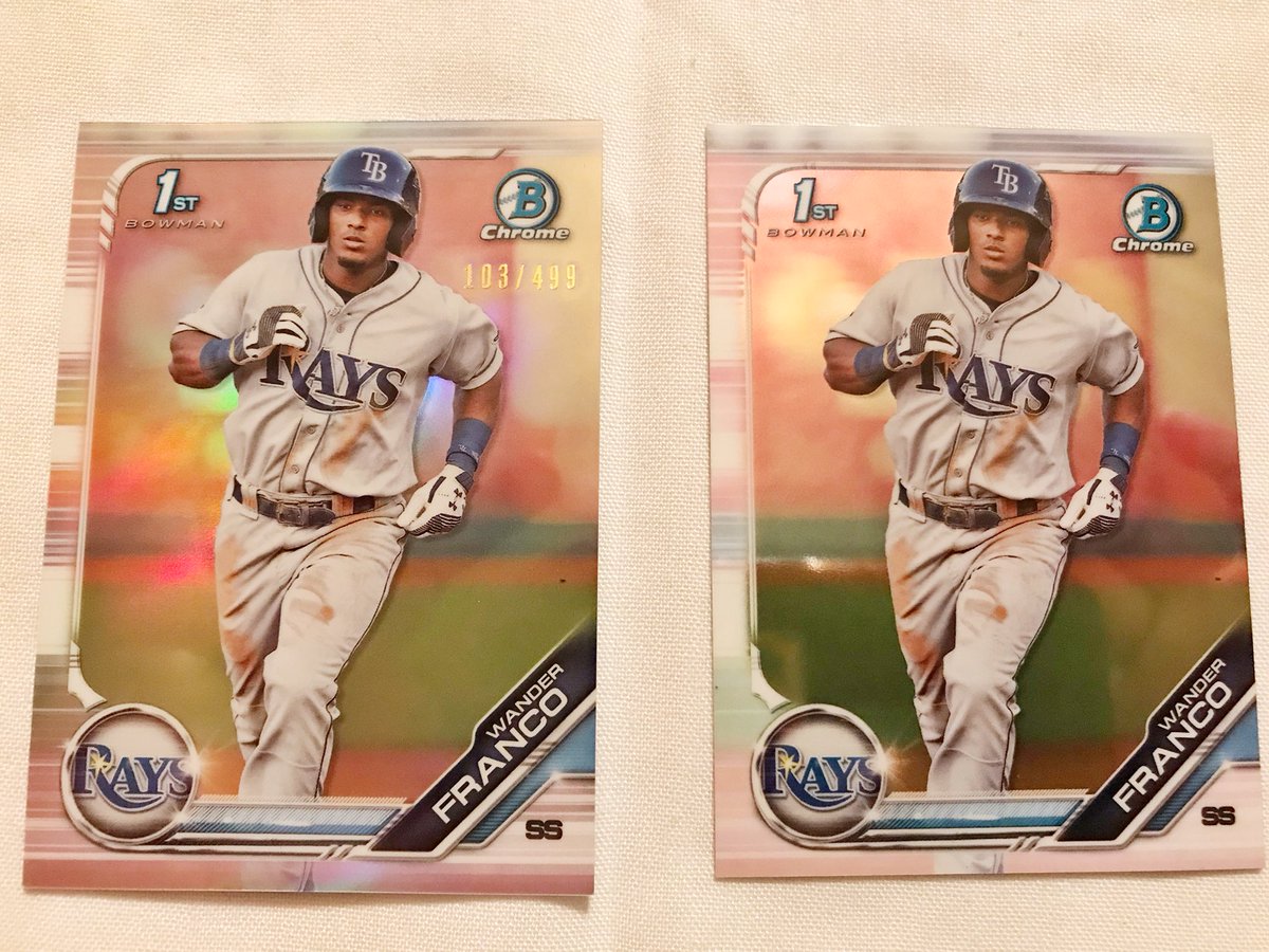 RichBrummett's tweet photo. @john_dohnal @WatchTheBreaks So, picked up 2 Value packs and a single 19 card pack. No autos but I’m happy with what I got! Glad I saw your tweet! Pulled WF/499 from the single pack 😀 #baseballcards #bowman #wanderfranco #collectwin https://t.co/eO8CgoLqA5