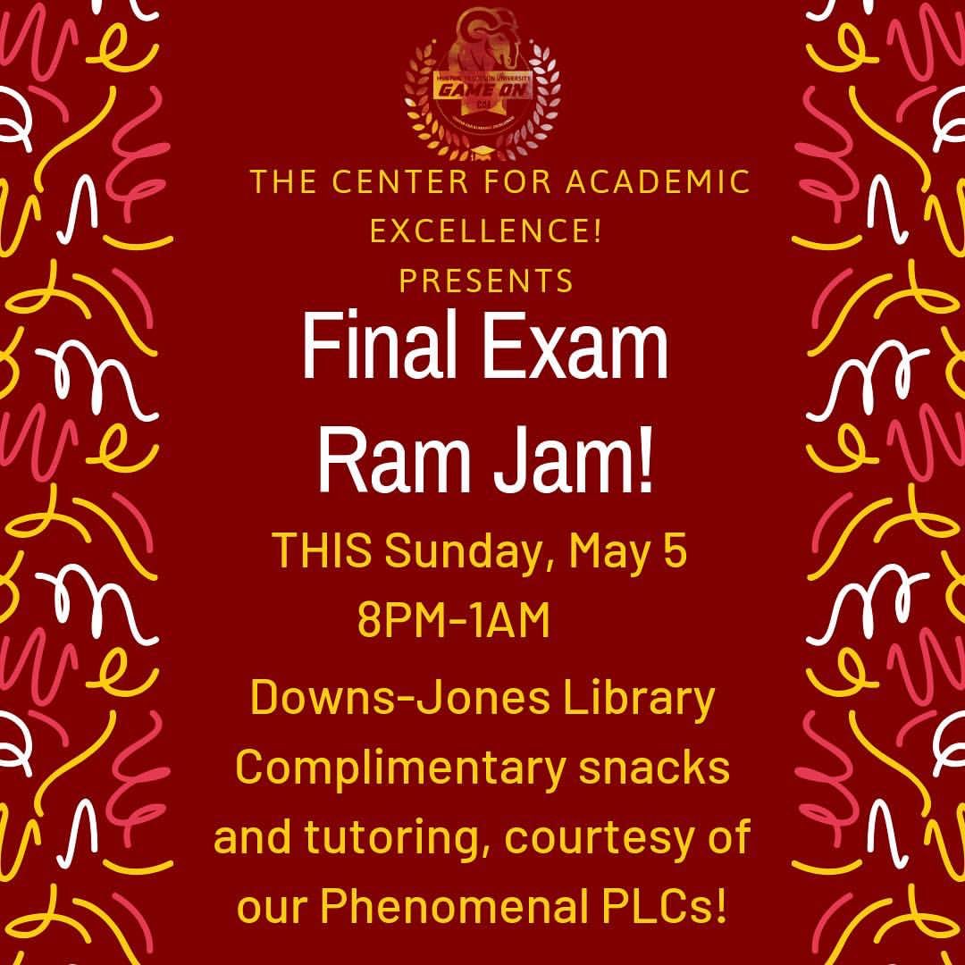 CAEassist's tweet image. 🗣Hello #fRAM Finals are here! Please join us tomorrow for Study Jam in the Downs-Jones Library from 8AM-1AM!!!🎒✍🏼✍🏽✍🏾📖🎓 #GameOn #HTisIDEAL #FinalsWeeks #genuisgeneration