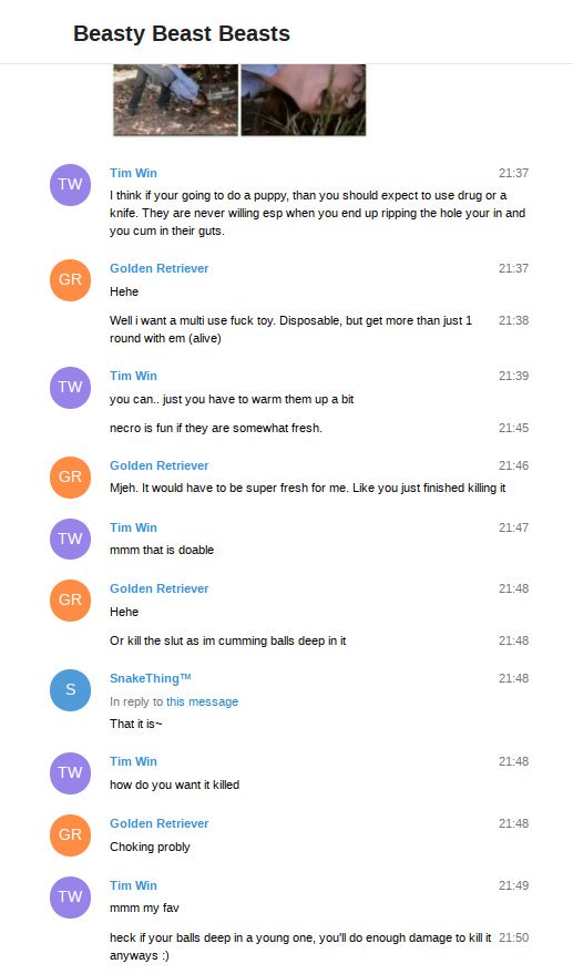 Another screenshot of one page of the #TortureFiles leaks, which includes absolutely disgusting descriptions of violence & torture of living puppies.