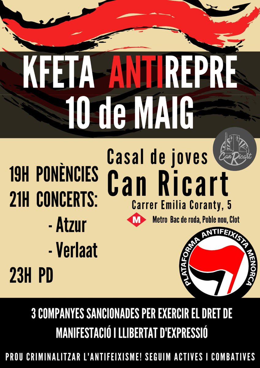 🔴Kafeta antirepre per les encausades del 27-D🔴

📅10 de maig a partir de les 19h00
📍Casal de joves Ca'n Ricart, BCN

Amb ponències antirrepres i actuacions musicals dels grups Atzur i Verlaat🎸. Reserva't la data!🍋🍻🎤