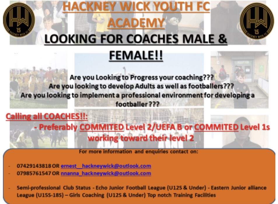 HACKNEY WICK FC (Academy Section) is looking for 4 coaches across 3 of our age groups for next season. BIG OPPORTUNITY...must imbrace our coaching philosophy <a href="/4thQuadrant1/">4thQuadrantCoaching</a>....looking for FA Level 2 &amp; Above but will also have Level 1s looking to do their level 2 next season