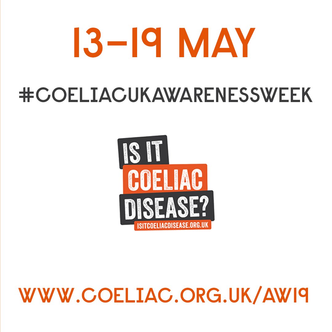 #CoeliacUKAwarenessWeek takes place between 13-19 May and we’re focusing on diagnosis so that more people ask themselves, ‘Is it coeliac disease?’. 

Get involved now: coeliac.org.uk/aw19 👈