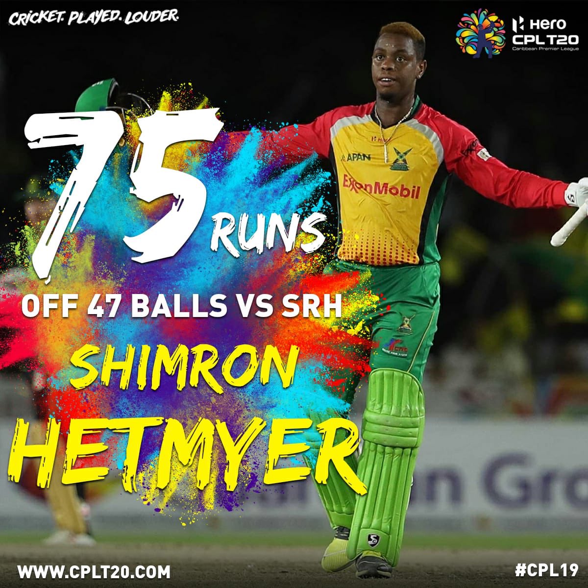 CPL's tweet photo. What an innings by Shimron Hetmyer yesterday in the IPL 75 off 47 balls!!!! Now that’s Cricket played louder!!! #RCBvSRH #VIVOIPL #CPLPlayerWatch #CPL19 https://t.co/lLQLKgJdaZ