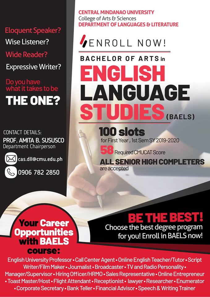 CMUofficial's tweet photo. Enroll Now in Bachelor of Arts in English Language Studies (BAELS)!
#CMUToday
#EnrollNow
#BAELS https://t.co/I9tzWlokIL