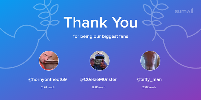 Our biggest fans this week: hornyontheqt69, C0ekieM0nster, taffy_man. Thank you! via https://t.co/vfXGQ8T5p7