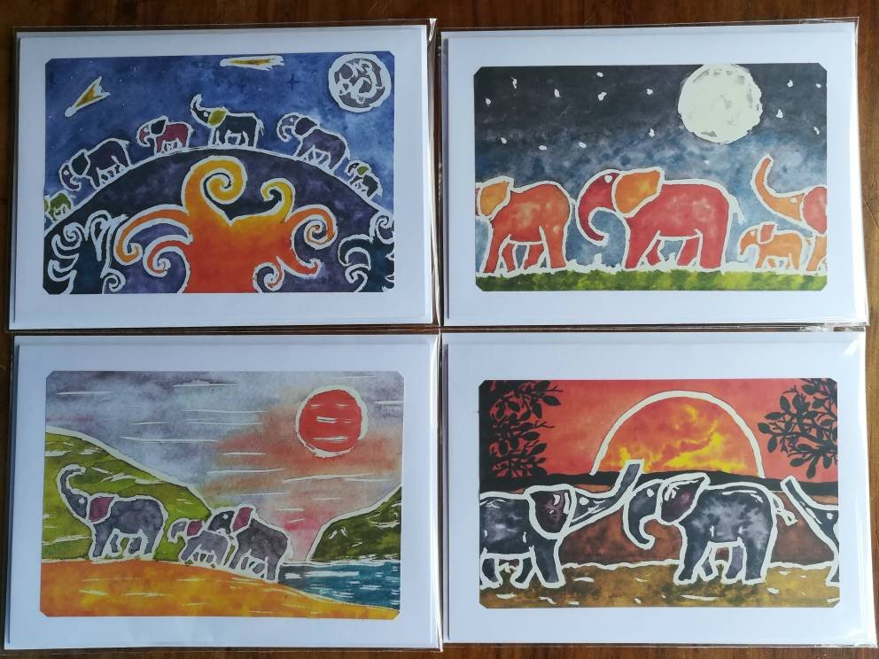 Set of 4 elephant cards, blank cards, print from watercolour originals. #etsy #papergoods #handmadecard #abstractart #thankyoucards #UKGiftHour #UKGiftAM etsy.me/2Wno0iw