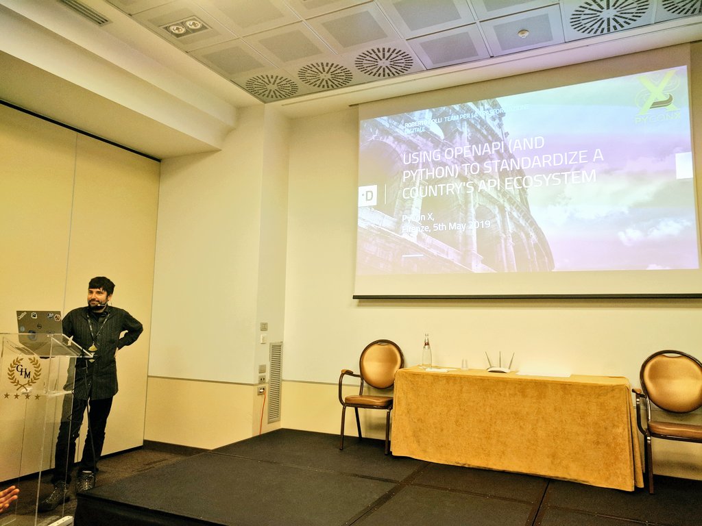 pauloxnet's tweet photo. Roberto Polli @ioggstream speaks about "Using OpenAPI (and Python) to standardize a Country's API ecosystem" at #PyConX in #Florence 🇮🇹
#Python #PyCon2019 #PyCon #API #OpenAPI #REST #RESTful #Government
CC @pyconit @pycon @teamdigitaleIT @_tomchristie @OpenApiSpec @Palazzo_Chigi https://t.co/lobF7nvMGi
