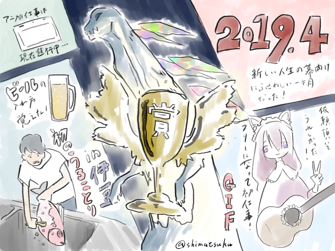 【2019年4月にした仕事】・gemstone 主催のゴジラのコンペで入賞・依頼を受けてGIFアニメ制作・商業アニメのレイアウト、原画(進行中)・伊豆の居酒屋に住み込みでバイト 