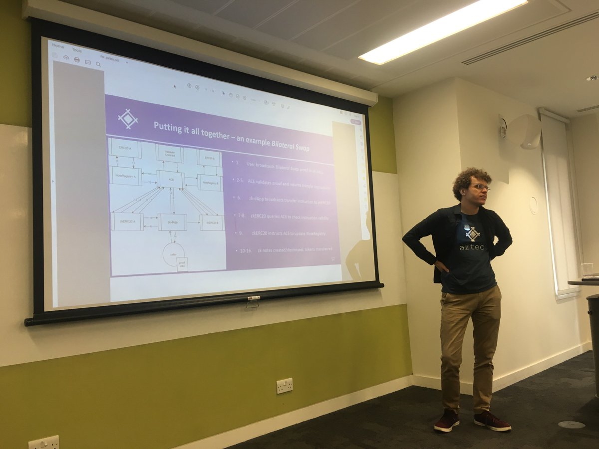 ctnimmo's tweet image. Helping out with @work_blockchain and @Extropy for Day 2 of the ZKP Workshop. Dr Zac Williamson from @aztecprotocol explaining how to implement secure ERC tokens. Can’t wait for the hands on coding session.
#aztecprotocol #zkp #workonblockchain #zacWilliamsom #ERC #ethereum