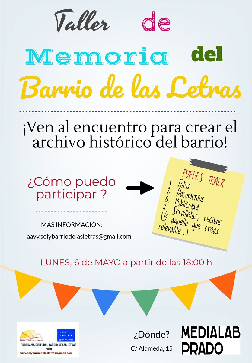 biblioletras's tweet photo. Y mañana lunes, nos reúnimos para reforzar la identidad del #barriodelasletras. Taller de memoria para hacer un archivo histórico del barrio. ¡Os esperamos en @MedialabPrado #iniciativasvecinales #megustamibarrio @Barriolasletras https://t.co/j41TSDABHb